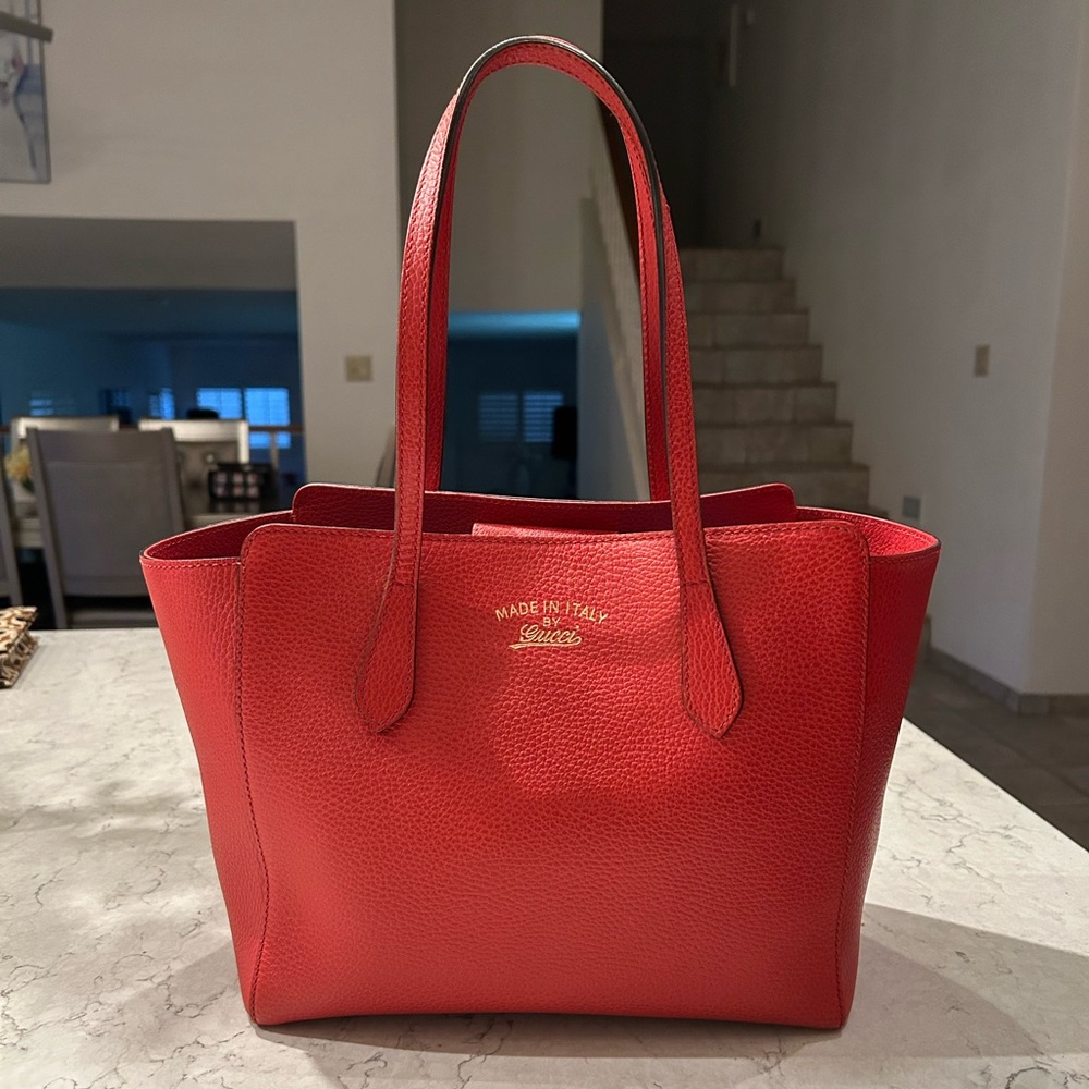 Authentic Gucci Red Leather Swing Tote Bag